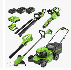 Greenworks 48V (24V x 2) 5-Piece Garden Tool Set: 20" Push Mower, 12" String Trimmer, 320CFM Leaf Blower, 12" Chainsaw, 24" Hedge Trimmer - 3 Batteries, 2 Chargers, 3-Year Warranty