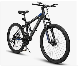 Mountain Bike with Full Suspension, 21 Speed Shifter Lever with Gear Indicator, High Carbon Steel Frame, Mechanical Disc Brakes, Use for Men/Women/Adults, Ideal for Trails